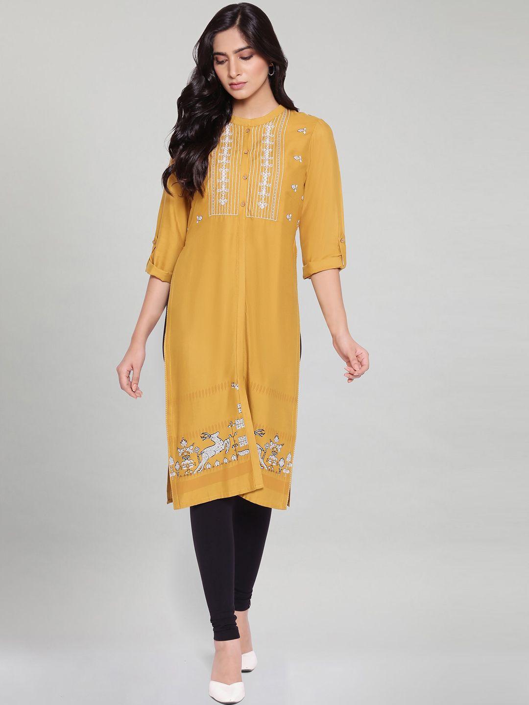 w women yellow & white floral embroidered kurta