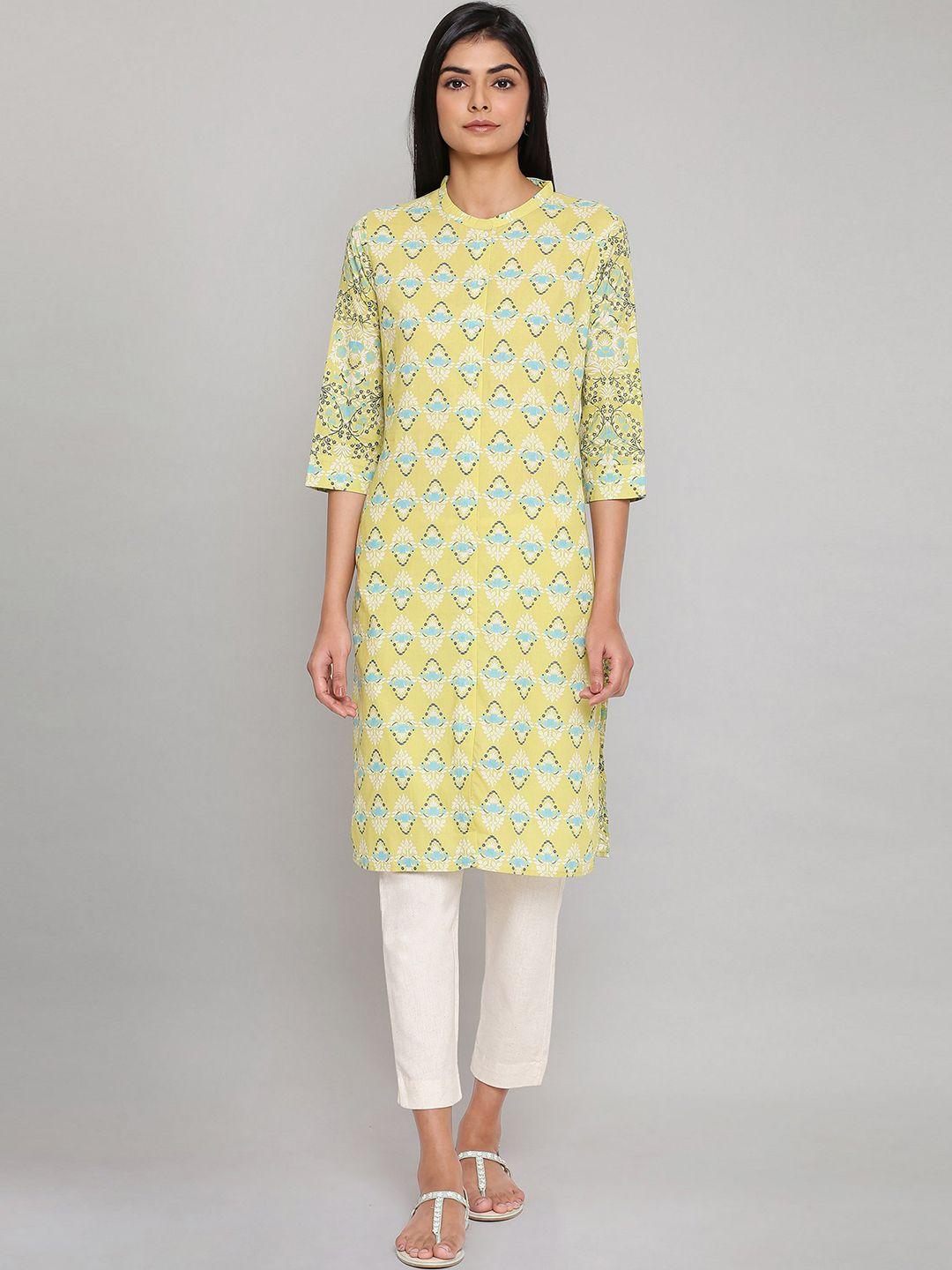 w women yellow & white floral printed pure cotton kurta