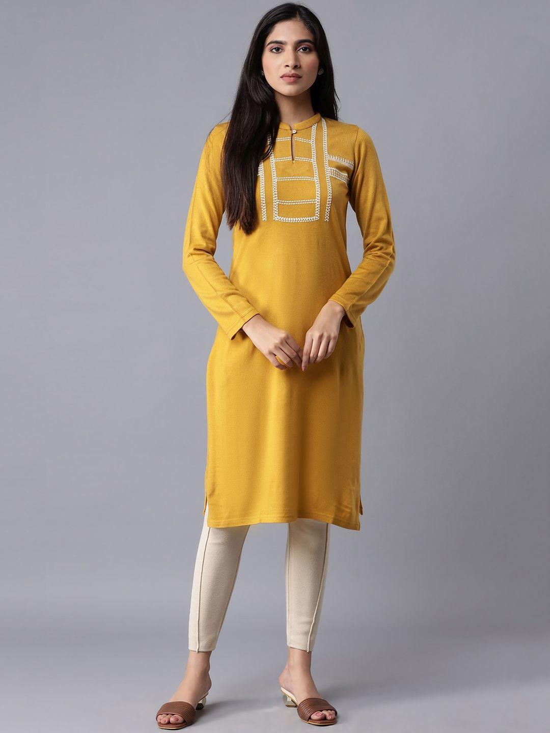 w women yellow & white geometric yoke design thread work acrylic kurta