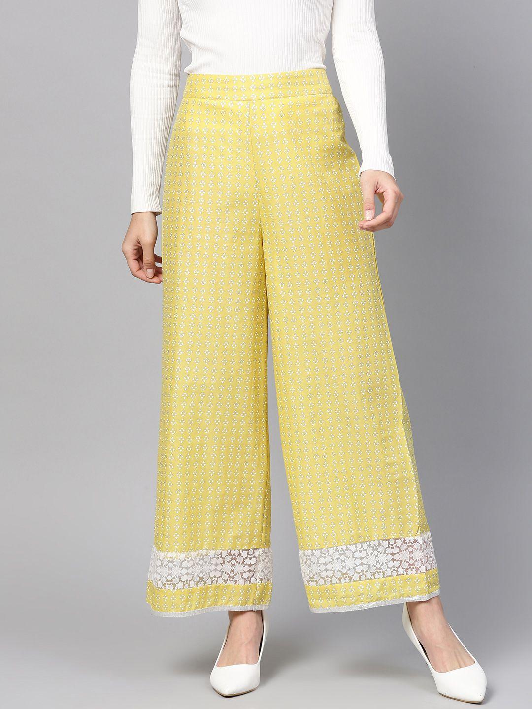 w women yellow & white printed straight palazzos