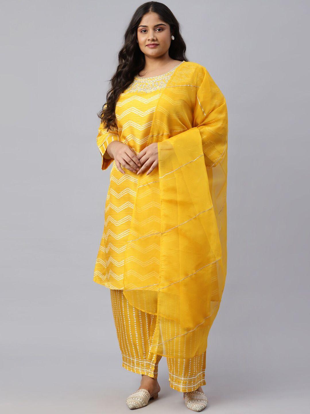w women yellow bandhani printed gotta patti kurta with trousers & with dupatta