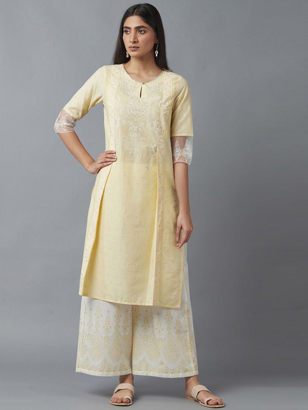 w women yellow ethnic motifs embroidered keyhole neck kurta