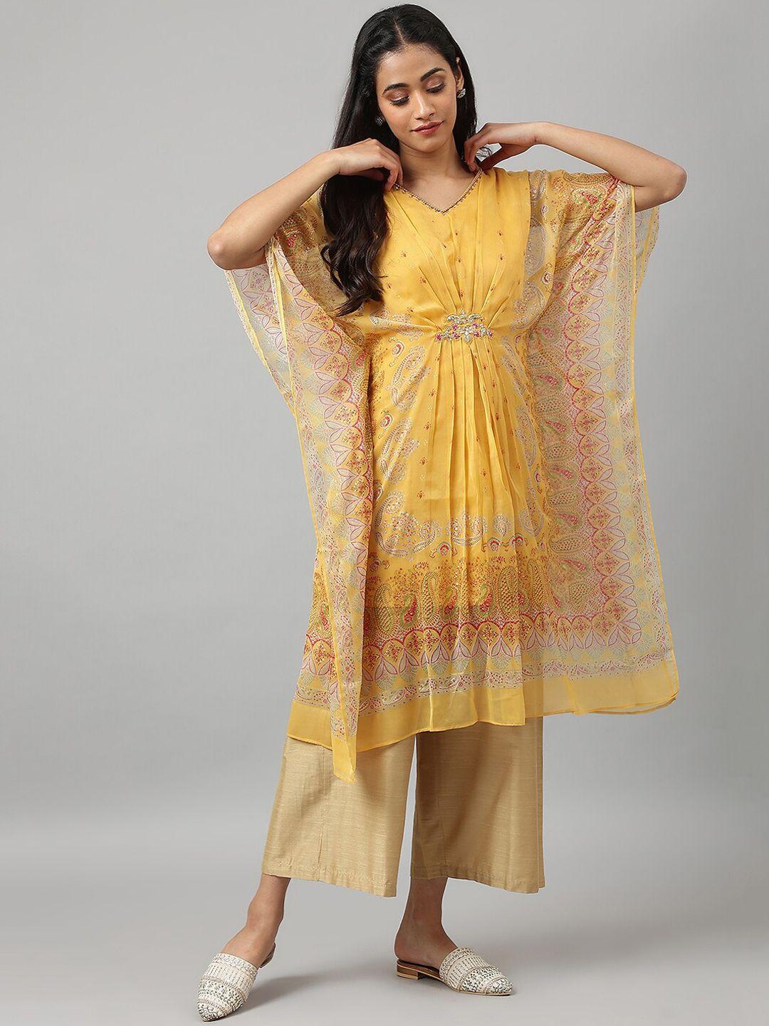 w women yellow ethnic motifs printed embellished kaftan kurta with palazzo