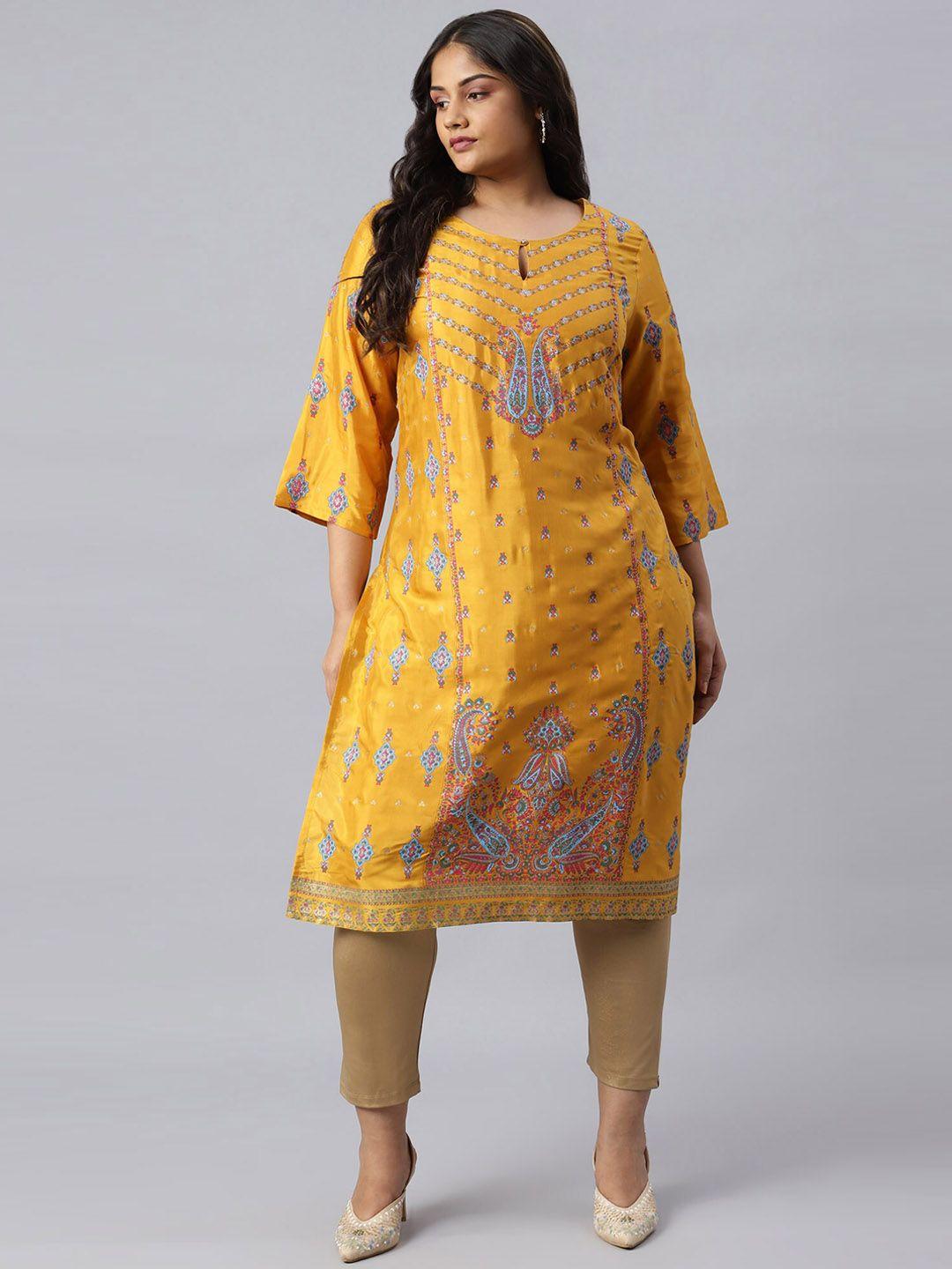 w women yellow ethnic motifs printed keyhole neck kurta