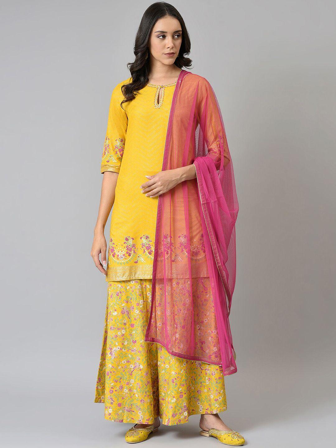 w women yellow ethnic motifs printed kurta with palazzos & with dupatta