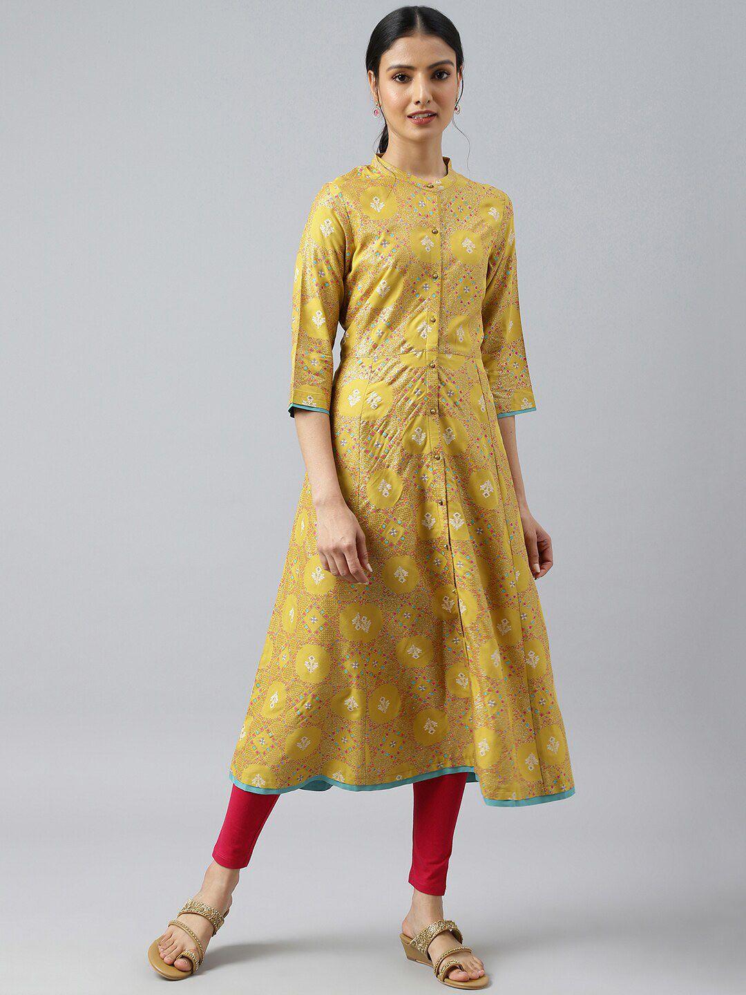 w women yellow ethnic motifs printed thread work kurta