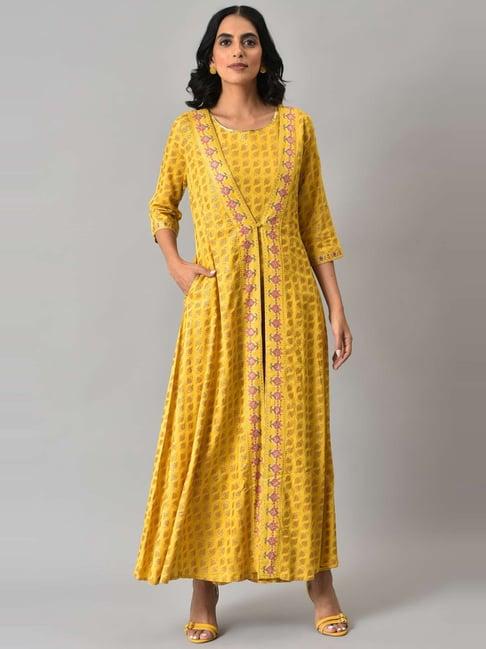 w women yellow festive floral print rayon jumpsuit