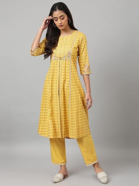 w women yellow festive floral print rayon kurta with straight pant