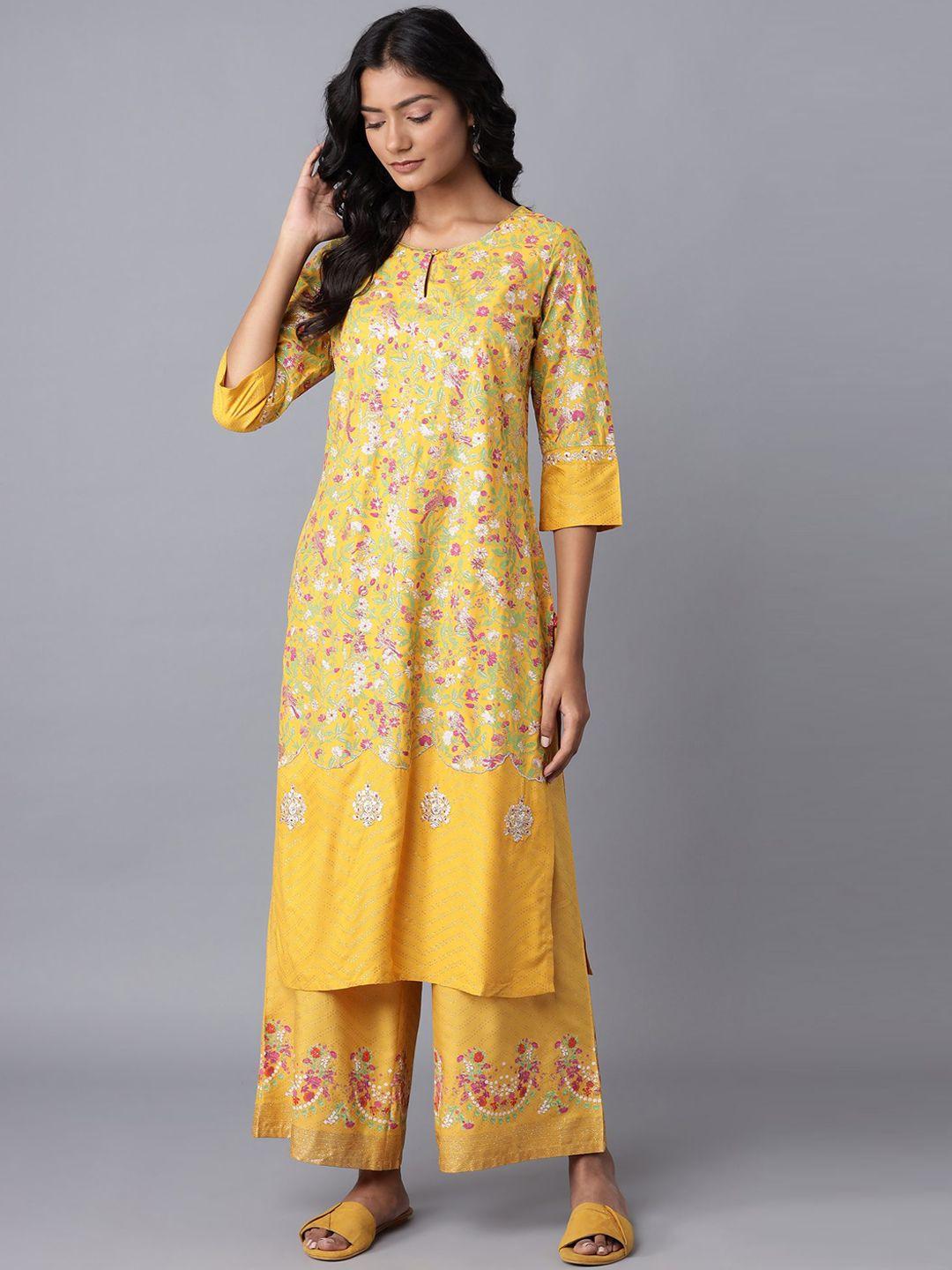 w women yellow floral embroidered keyhole neck thread work kurta