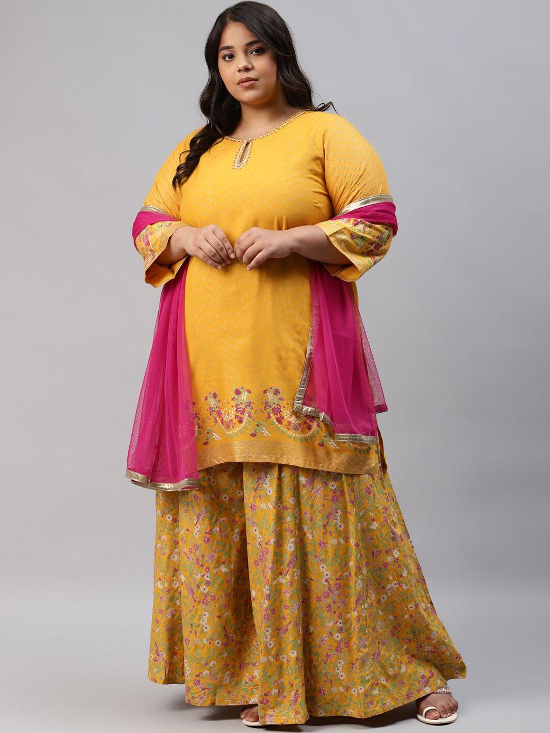 w women yellow floral printed kurta with palazzos & with dupatta