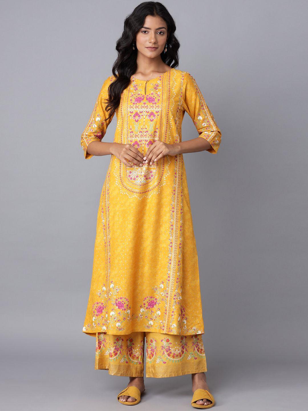 w women yellow floral printed kurta