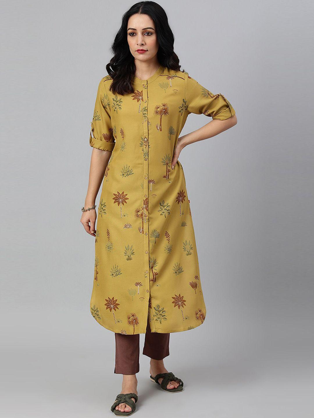 w women yellow floral printed thread work pathani kurta