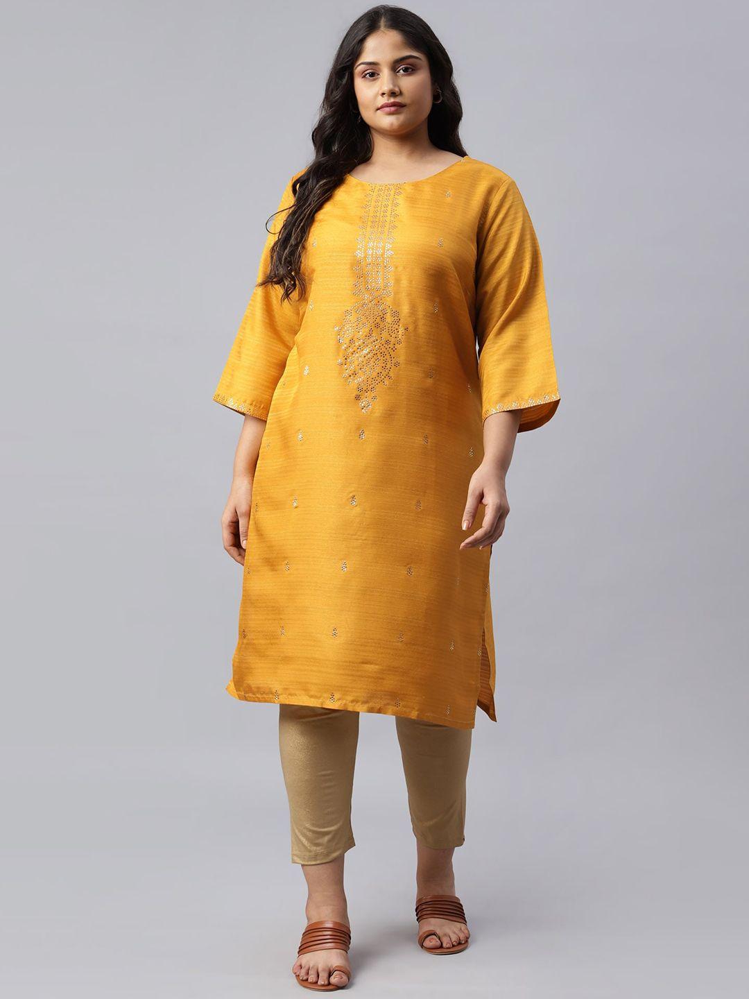 w women yellow geometric embroidered flared sleeves kurta