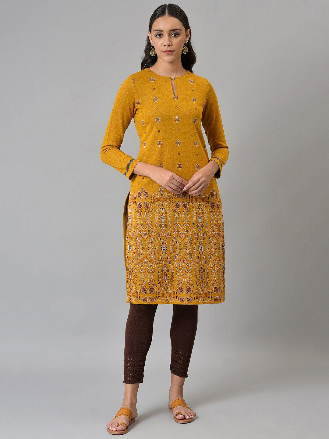 w women yellow geometric embroidered keyhole neck flared sleeves thread work kurta