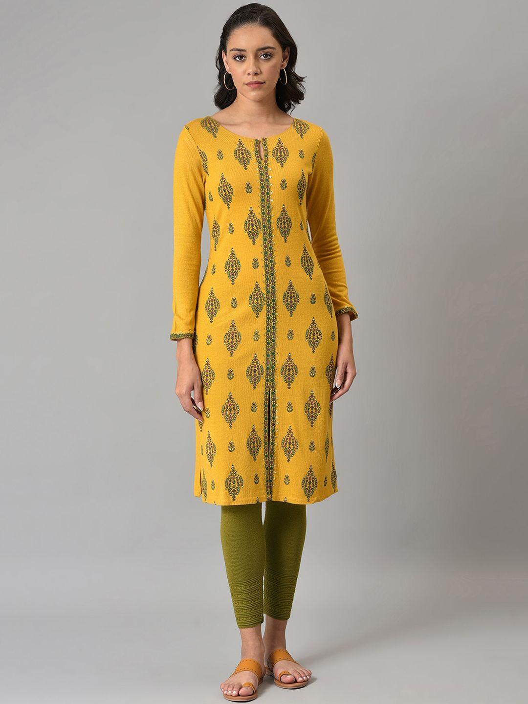 w women yellow geometric embroidered thread work kurta