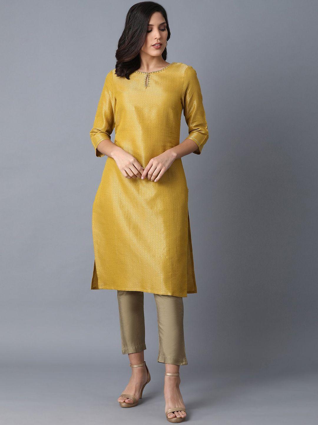 w women yellow geometric keyhole neck thread work embellished kurta