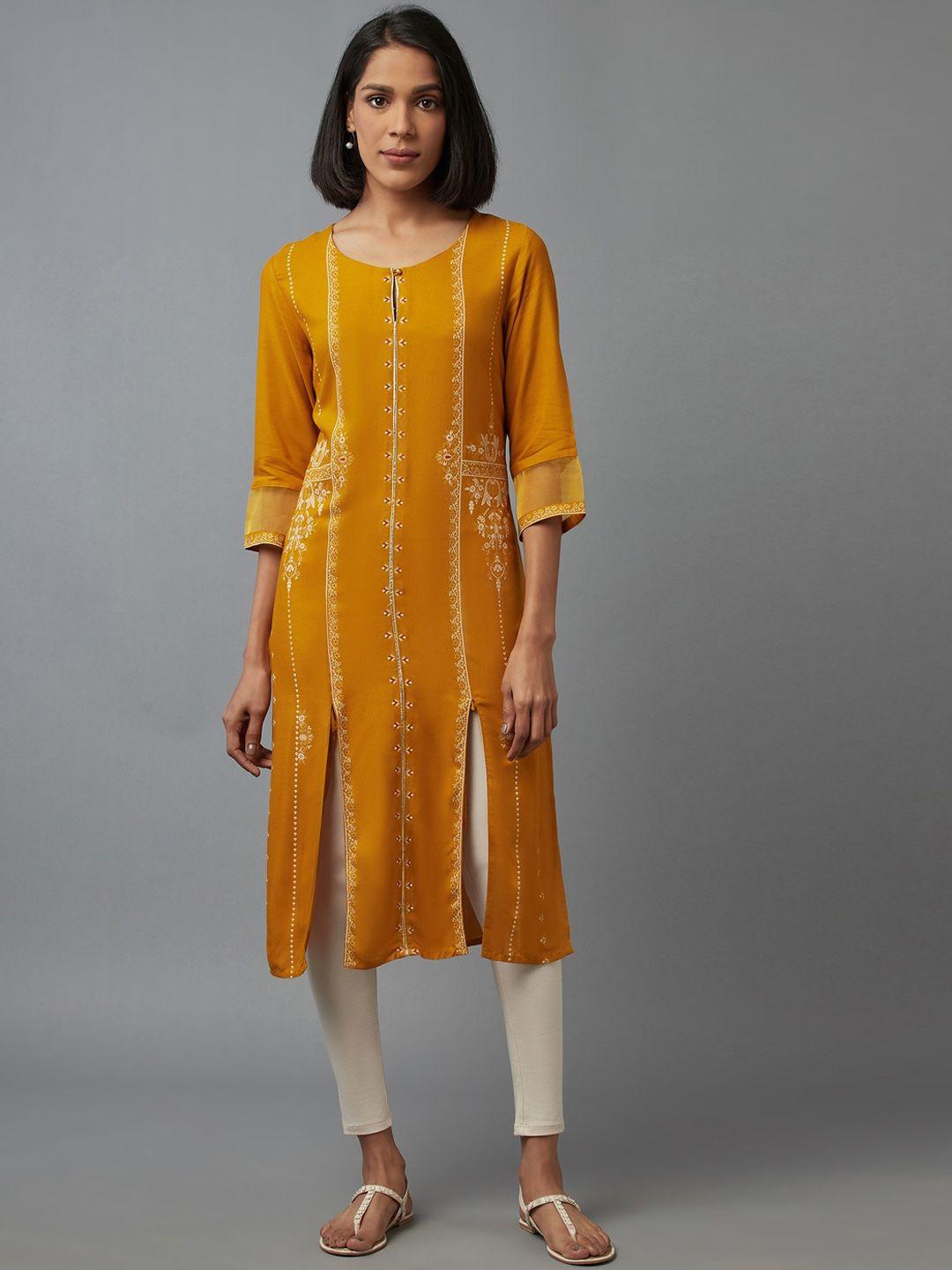 w women yellow geometric keyhole neck thread work kurta