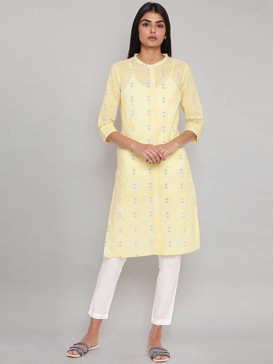 w women yellow geometric printed cotton kurta