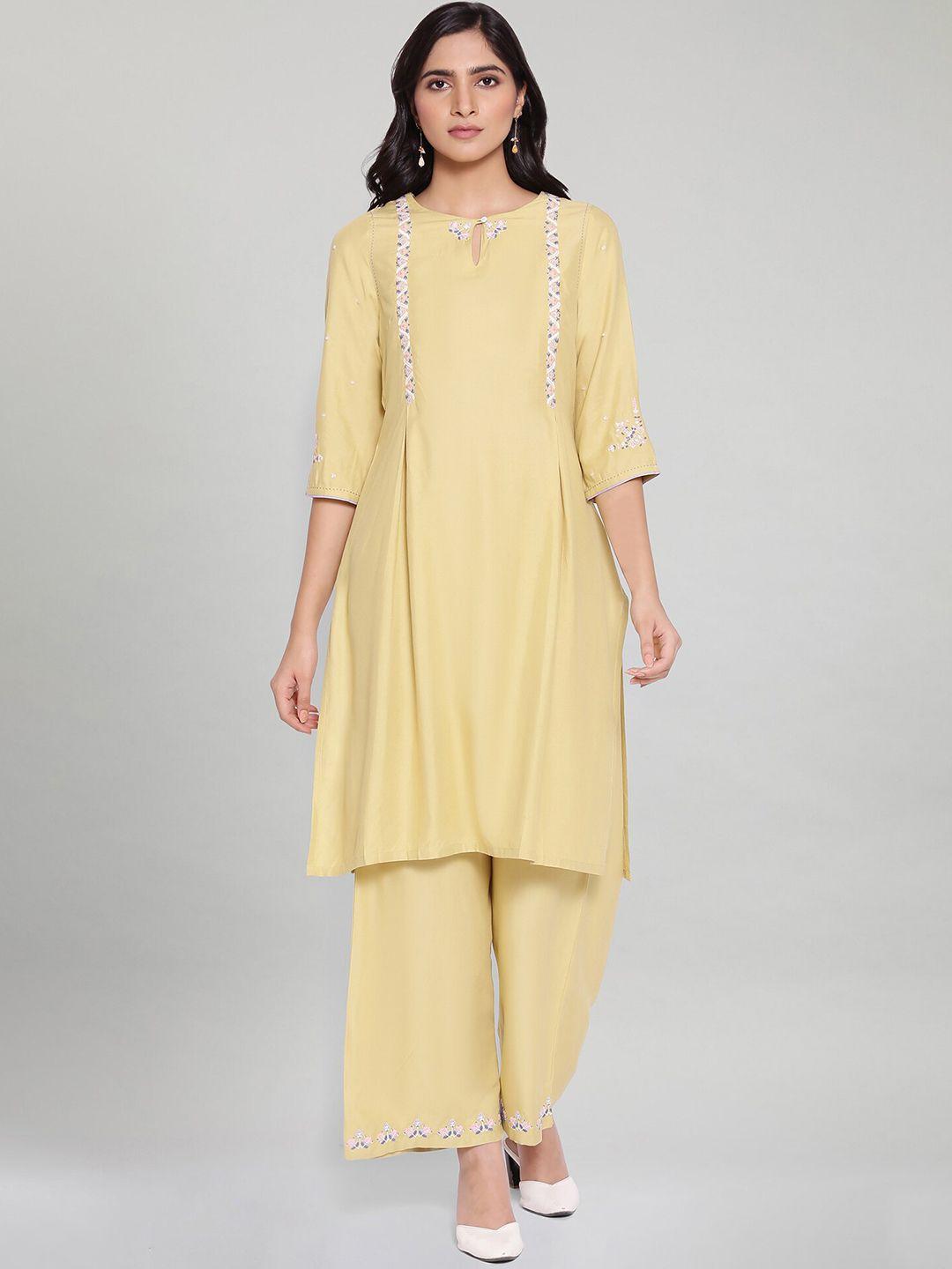 w women yellow pleated kurta with palazzos