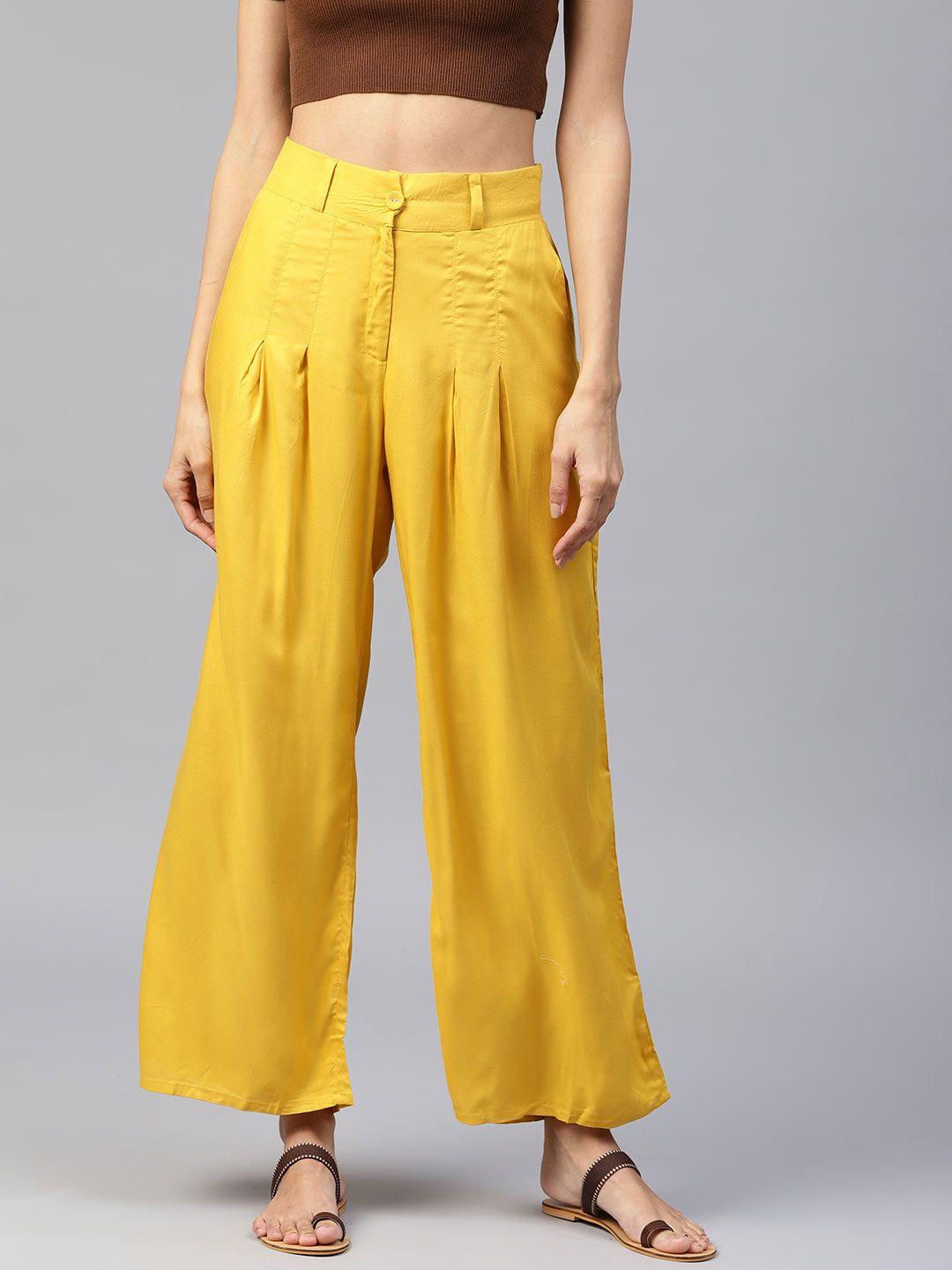 w women yellow regular fit solid regular trousers