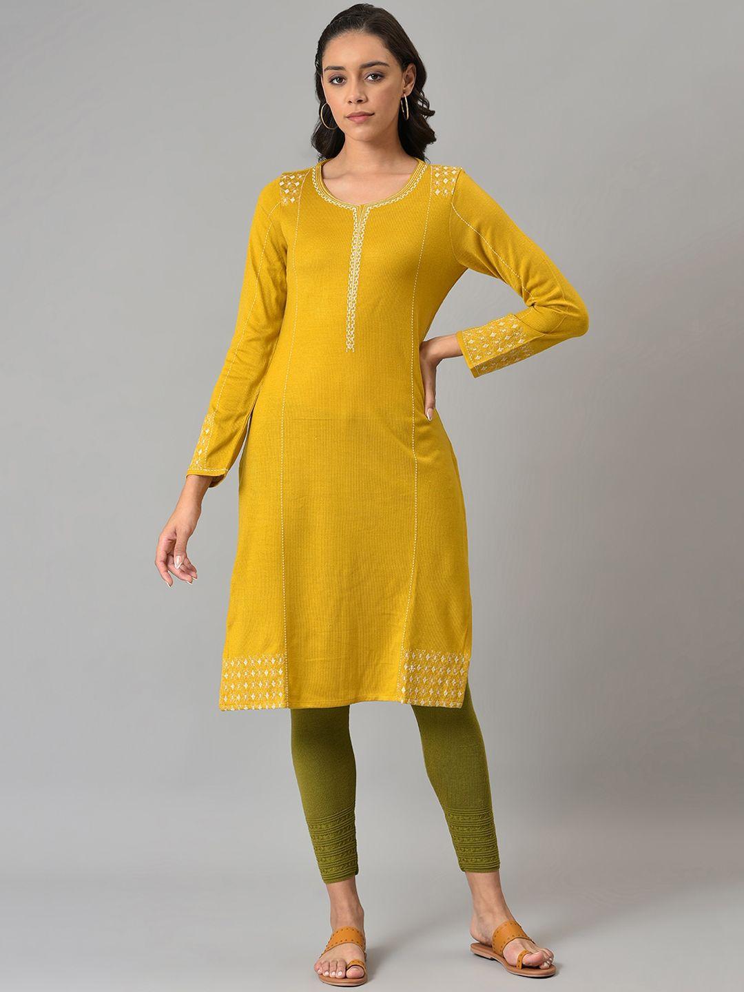 w women yellow regular sleeves thread work kurta