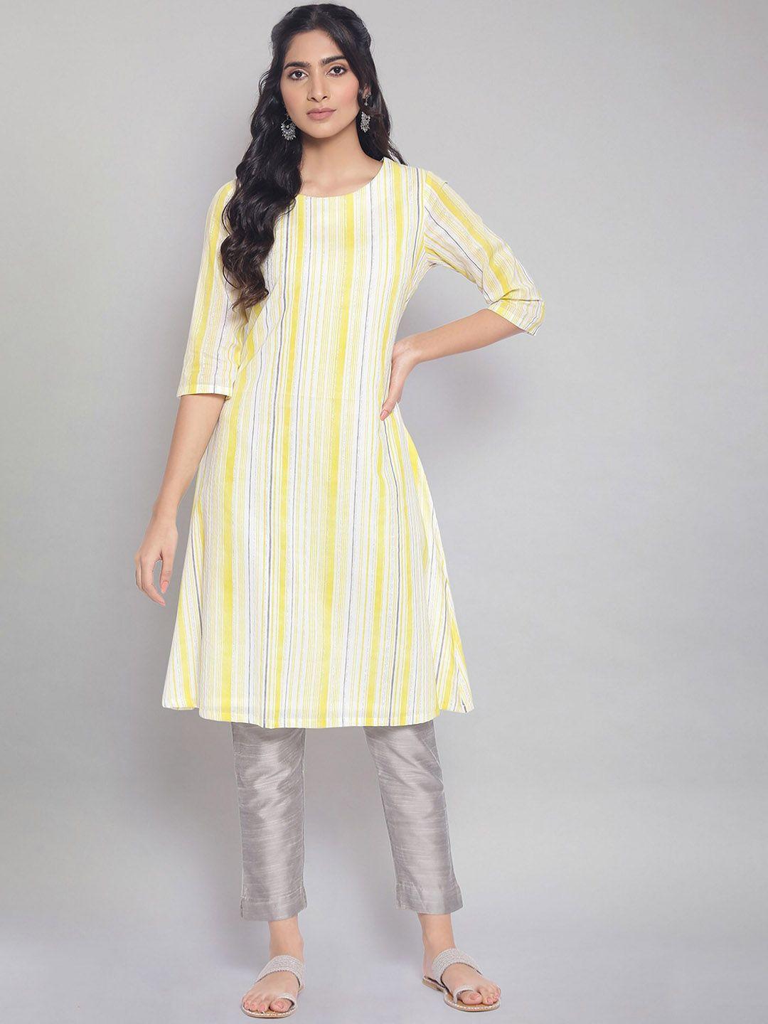 w women yellow striped flared kurta