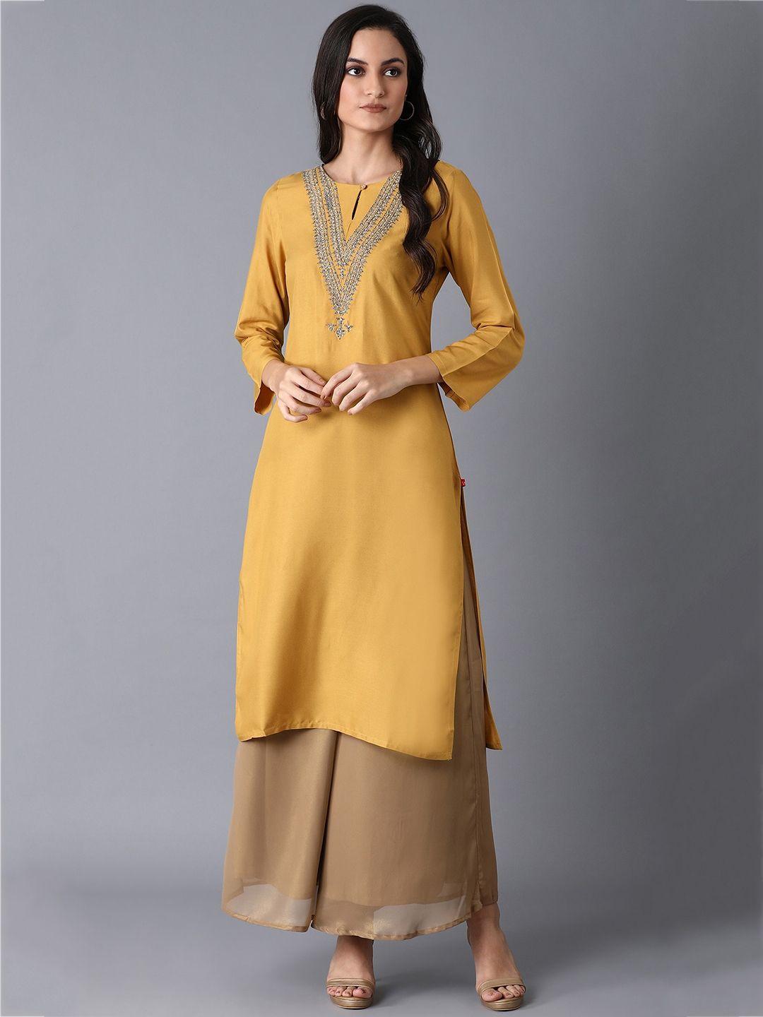 w women yellow yoke design keyhole neck thread work kurta