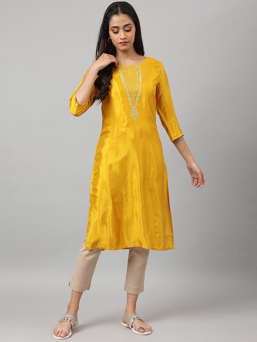 w women yellow yoke design sequinned kurta