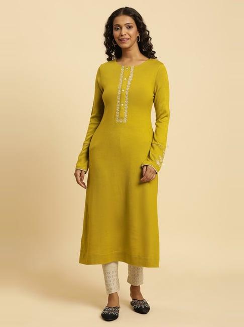w yellow & beige embroidered kurta leggings set