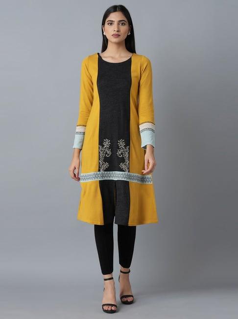 w yellow & black printed a line kurta