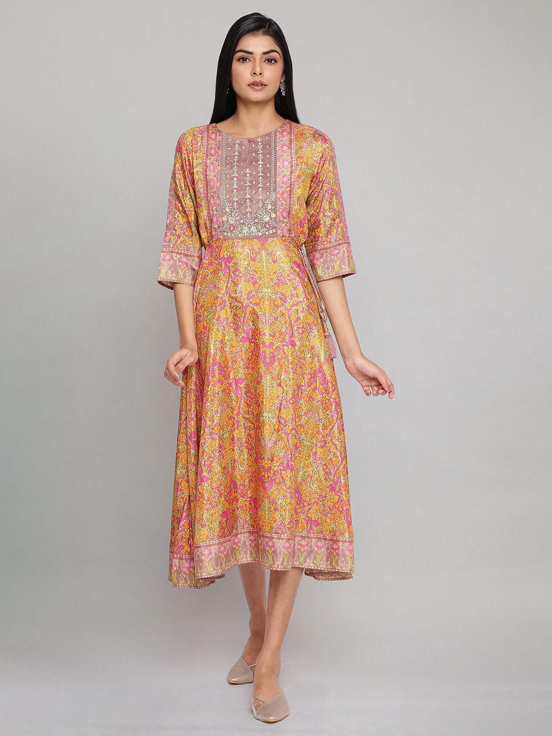 w yellow & pink ethnic motifs ethnic a-line midi dress