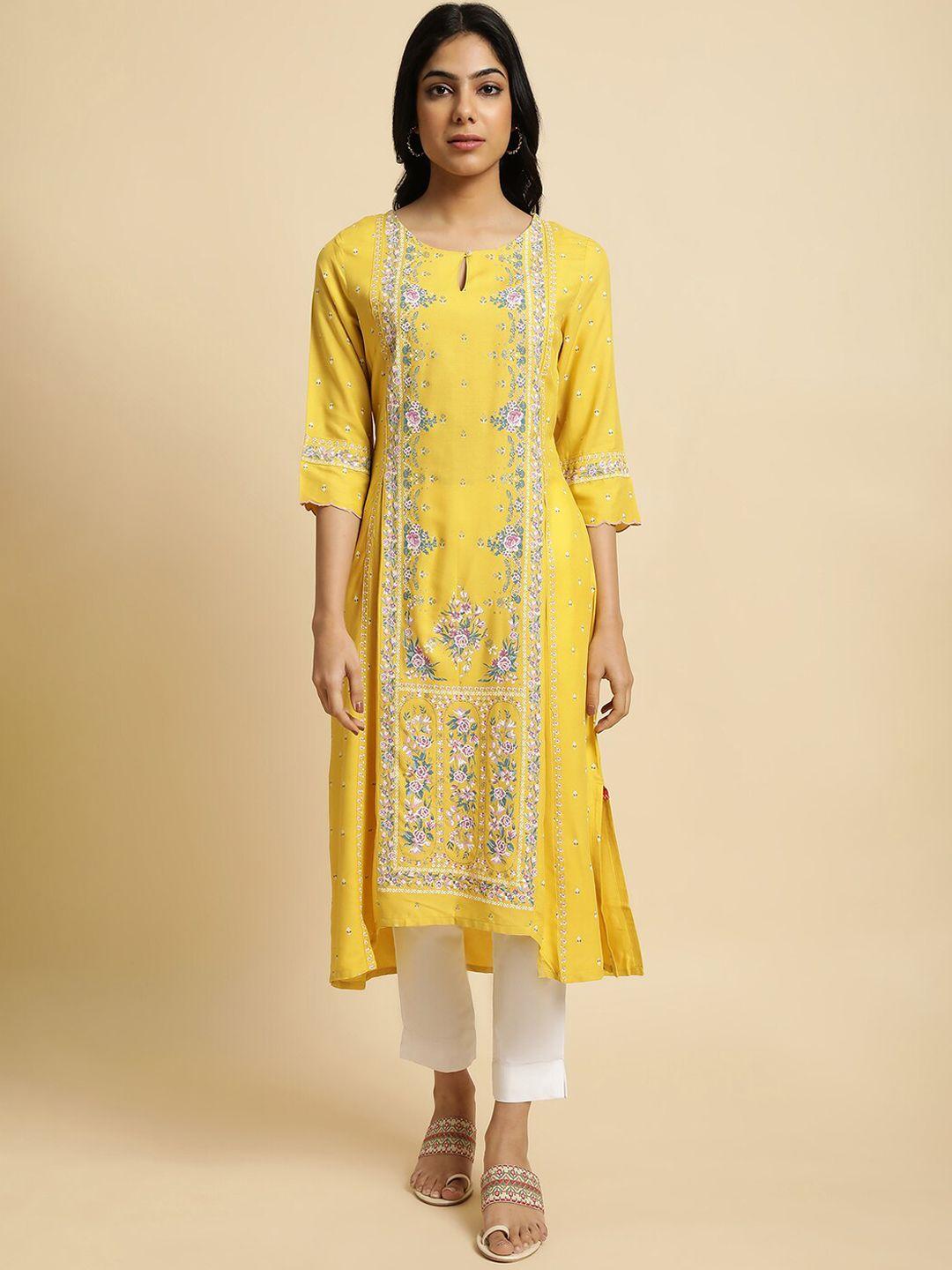 w yellow & pink floral printed keyhole neck a-line kurta