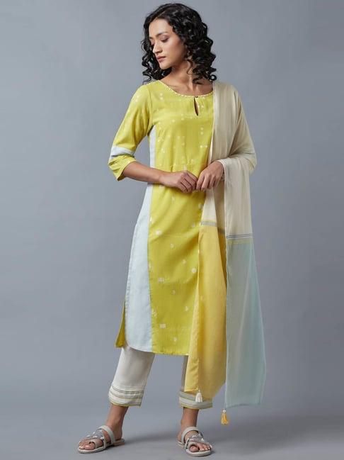 w yellow & white cotton embroidered kurta pant set with dupatta
