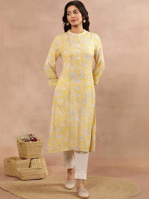 w yellow & white printed kurta pant set