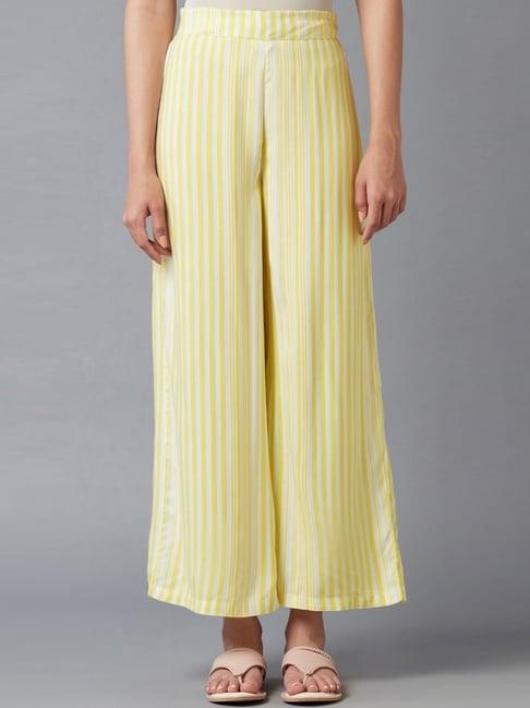 w yellow & white striped parallel pants