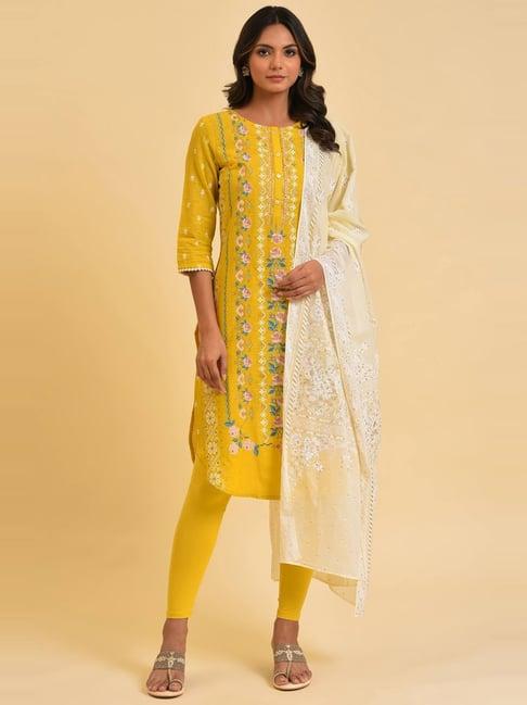 w yellow cotton printed kurta pant set with dupatta