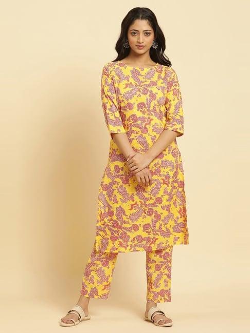 w yellow cotton printed kurta pant set