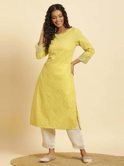 w yellow cotton printed straight kurta