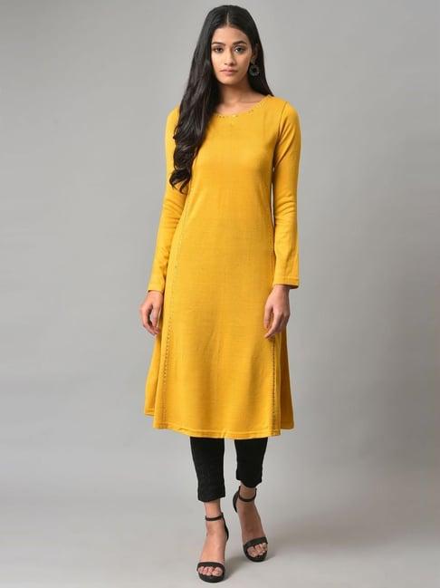 w yellow embellished a line winter kurta