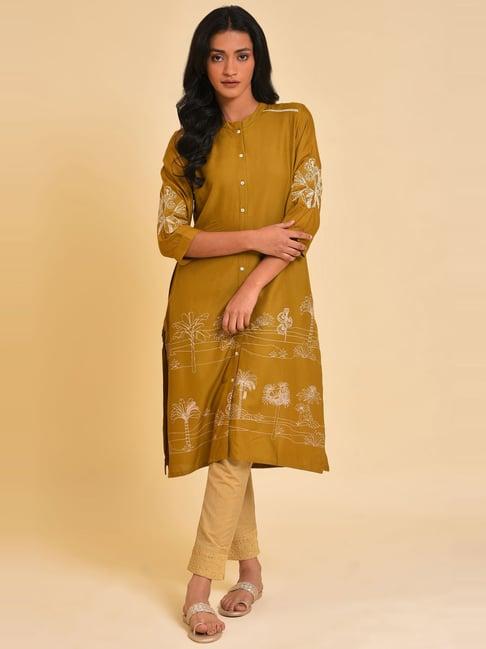 w yellow embroidered a line kurta