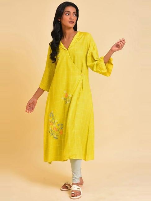 w yellow embroidered a line kurta