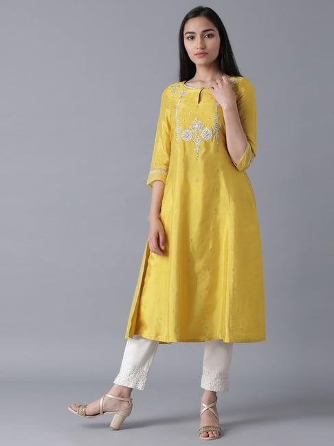 w yellow embroidered a line kurta