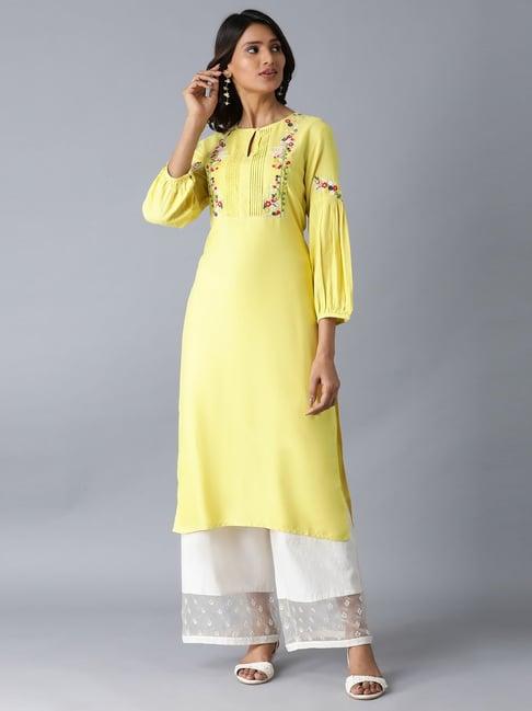 w yellow embroidered straight kurta