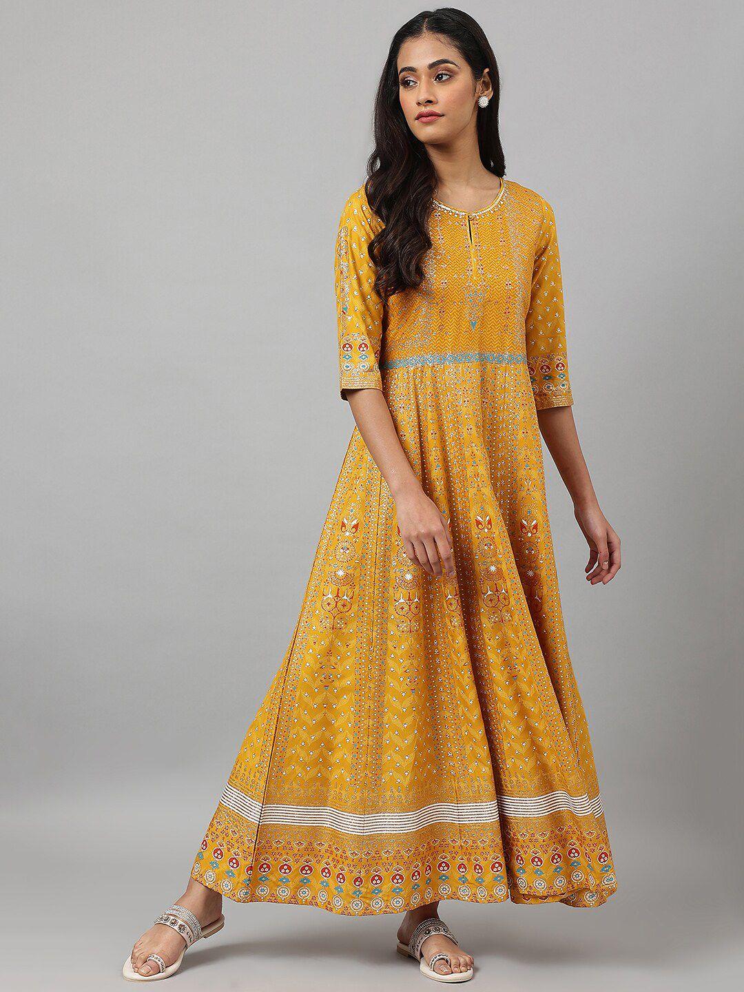 w yellow ethnic motifs keyhole neck chiffon ethnic maxi dress