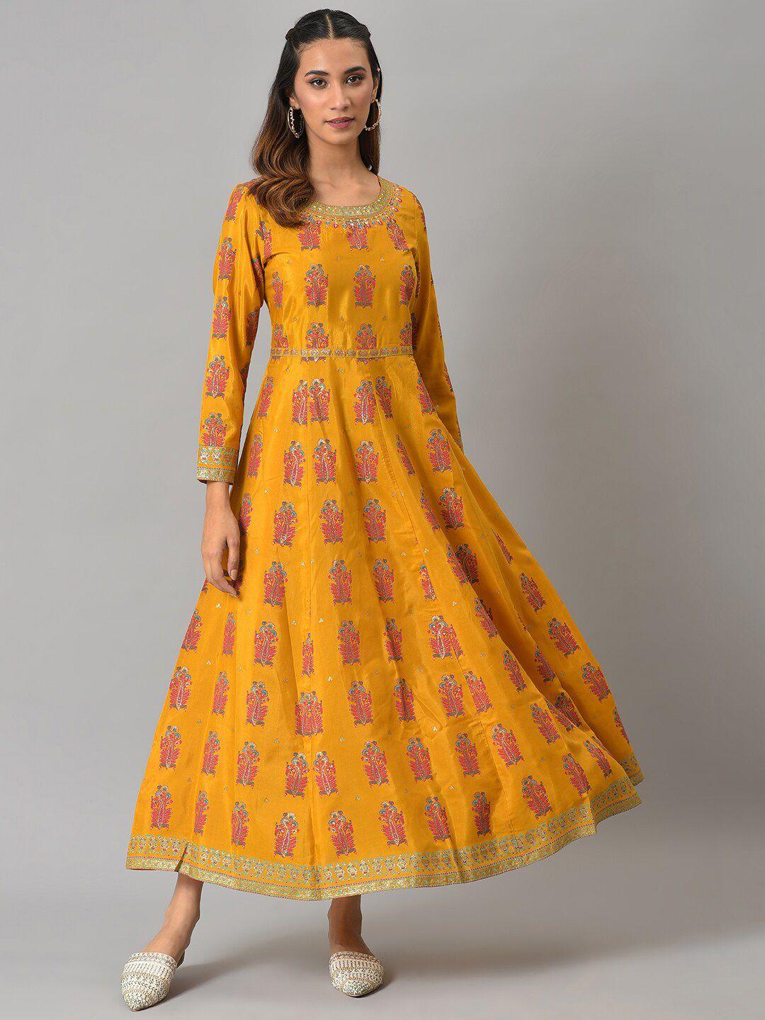 w yellow ethnic motifs printed maxi dress