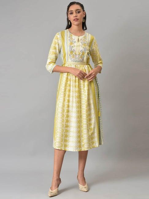 w yellow floral print a-line dress