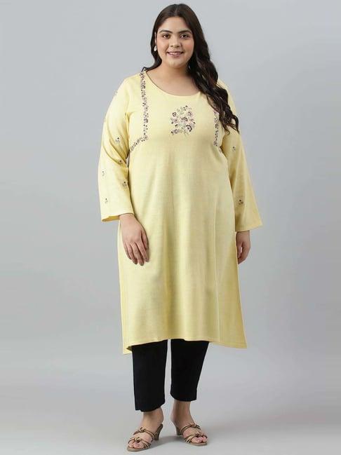 w yellow floral print a line winter kurta