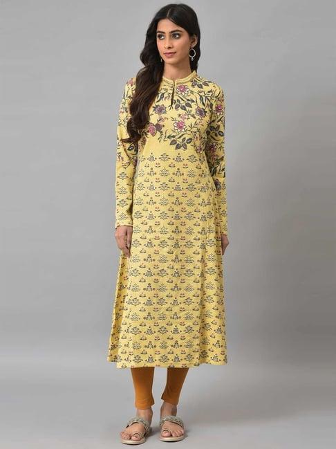 w yellow floral print a line winter kurta