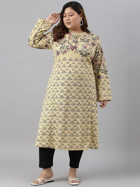 w yellow floral print a line winter kurta