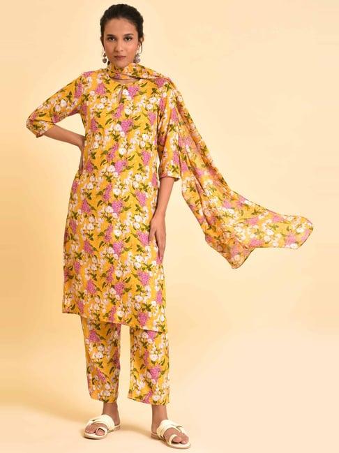 w yellow floral print kurta pant set with dupatta